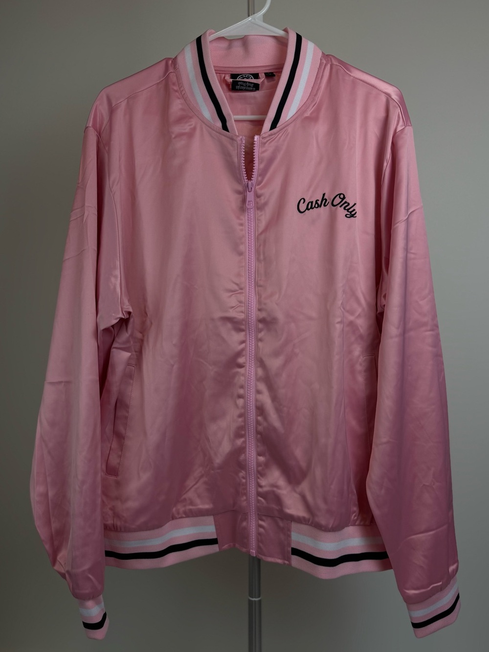Mac's Club Deuce Pink Satin Bomber Jacket "Cash Only" Miami South Beach Size L